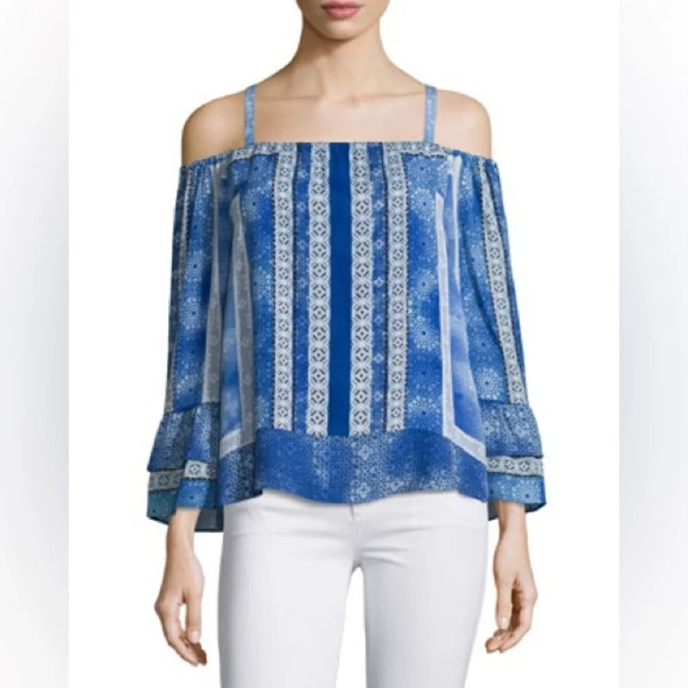 Parker Blue Cold Shoulder 100% Silk Ruffle Sleeve Boho Top Small